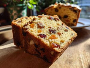 Dwa plastry pysznego keksu świątecznego z bakaliami i orzechami na drewnianej desce.