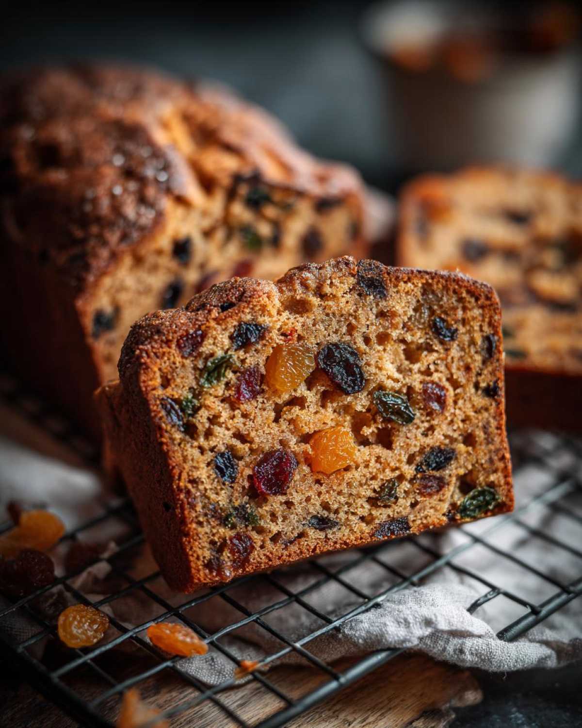Keks świąteczny przekrojony na pół, pełen bakalii, na metalowej kratce.
