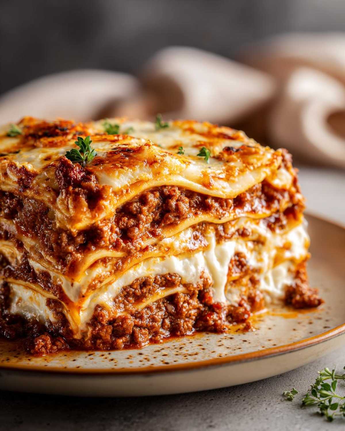 Zbliżenie na kawałek klasycznej lasagne z warstwami mięsa mielonego i sosu beszamelowego, posypany natką pietruszki.