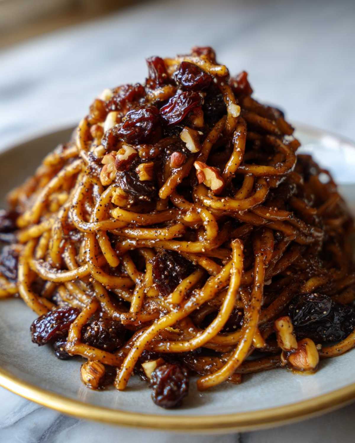 Zbliżenie na talerz z kluskami z makiem, udekorowanymi rodzynkami i orzechami.