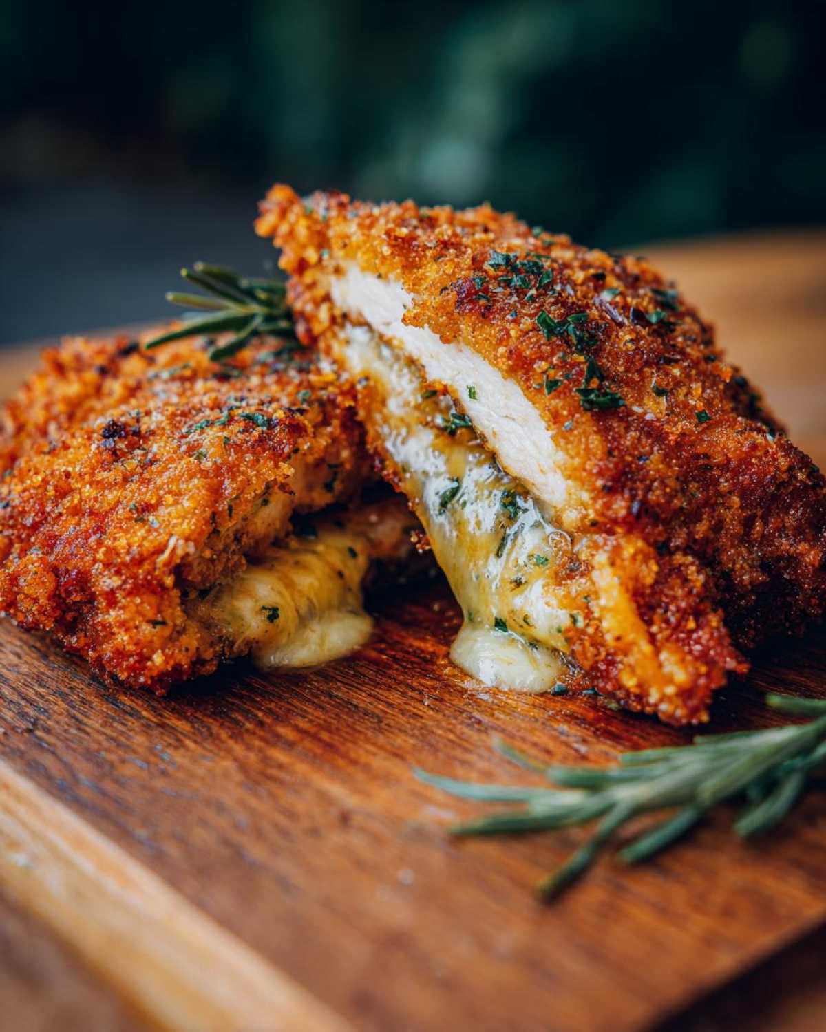Kotlet de volaille przekrojony na pół, ukazujący rozpływający się ser i chrupiącą panierkę, udekorowany rozmarynem.