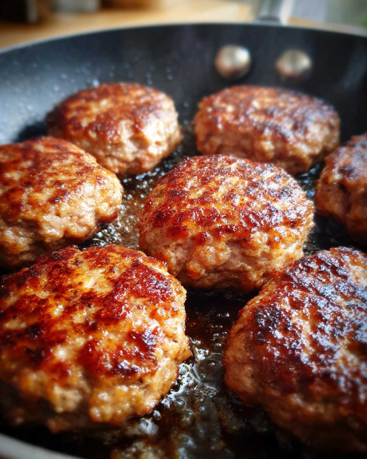 Zbliżenie na kotlety mielone smażące się na patelni, zrumienione i apetyczne.