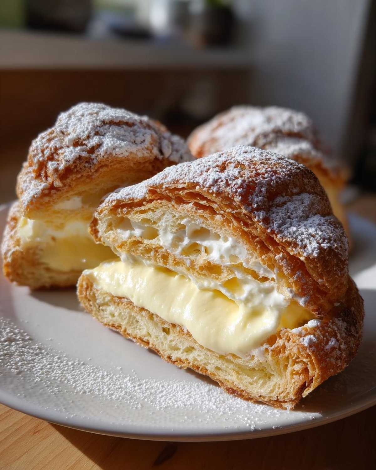 Zbliżenie na przekrojoną kremówkę papieską z kremem i cukrem pudrem na talerzu.