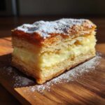 Kremówka papieska z puszystym kremem i posypką z cukru pudru na drewnianej desce.