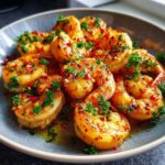 Zbliżenie na talerz z krewetkami czosnkowymi, posypanymi chili i świeżą pietruszką.