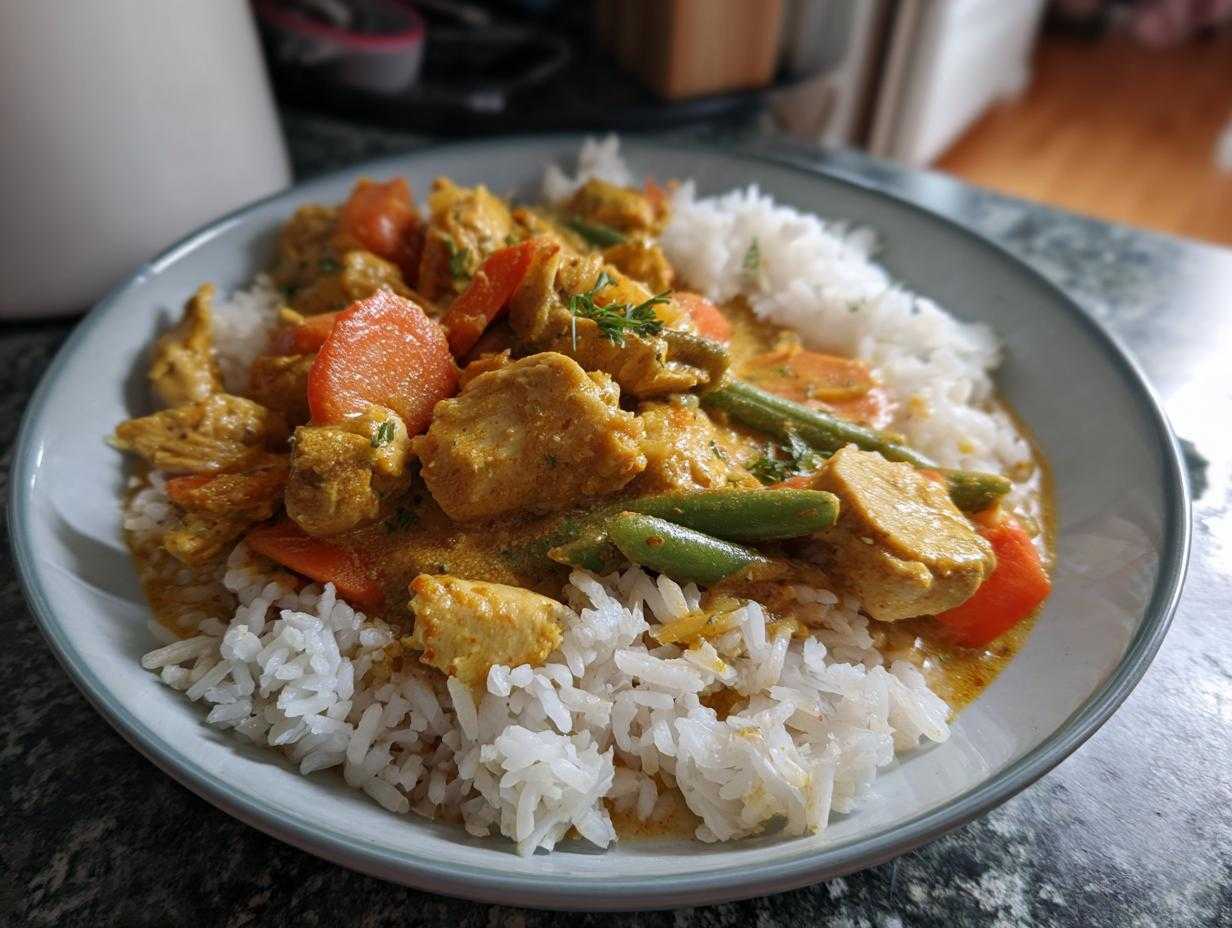 Miseczka pysznego, łagodnego kurczaka curry z marchewką i fasolką szparagową, podanego z ryżem.