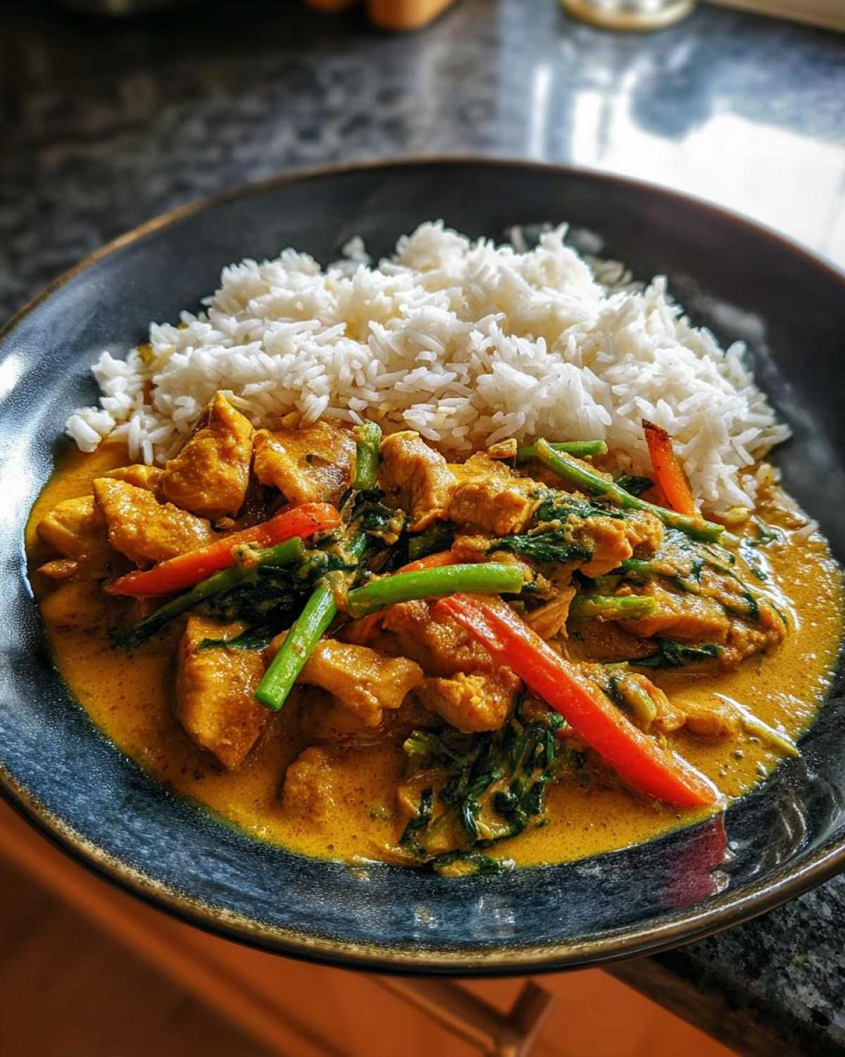 Miseczka pełna łagodnego kurczaka curry z warzywami i ryżem, danie przygotowane dla rodziny.