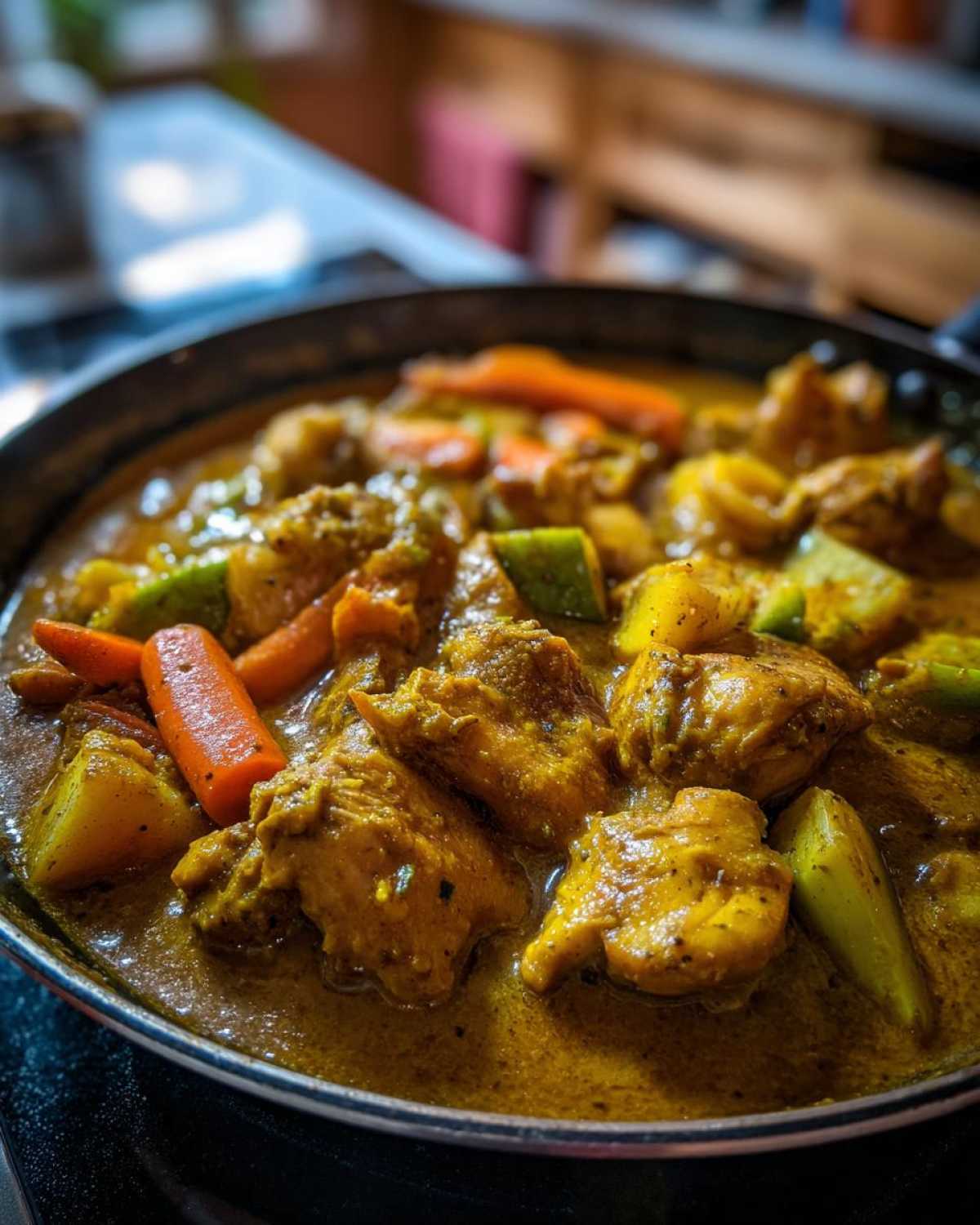 Zbliżenie na pyszne, łagodne kurczak curry z kawałkami kurczaka, marchewką i ziemniakami w sosie.