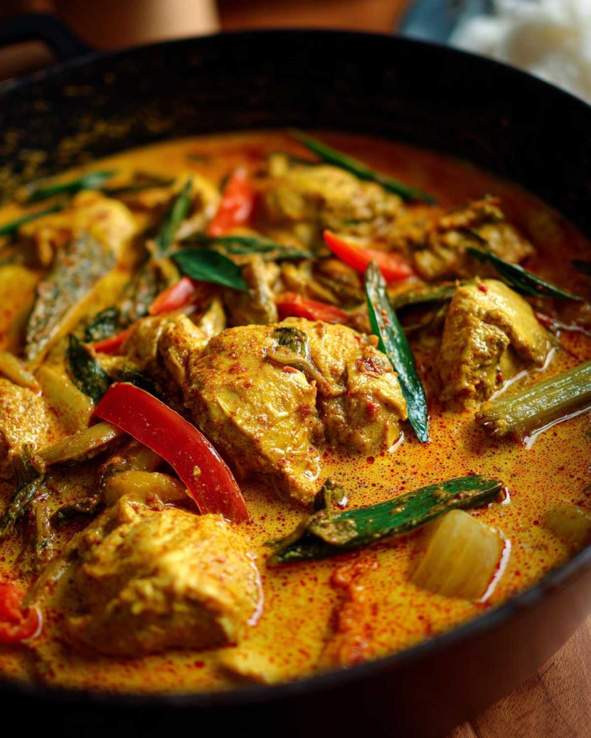 Zbliżenie na aromatyczne, łagodne kurczak curry z kawałkami kurczaka, papryką i zielonymi warzywami w kremowym sosie.