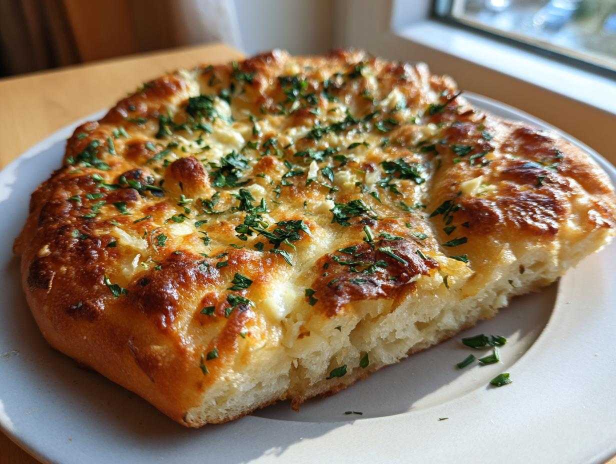 Zbliżenie na chrupiącego Langosza z serem i posiekaną natką pietruszki, podanego na talerzu.