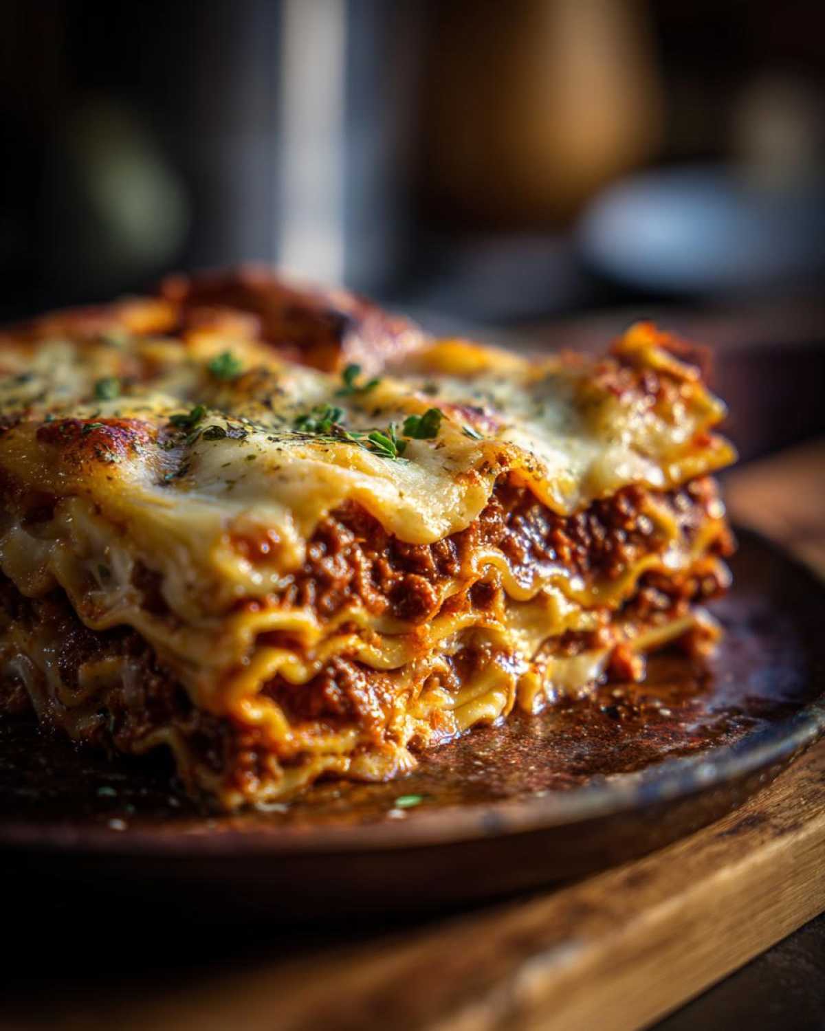 Zbliżenie na kawałek Lasagne klasycznej z warstwami makaronu, sosu mięsnego i roztopionego sera, ozdobione ziołami.
