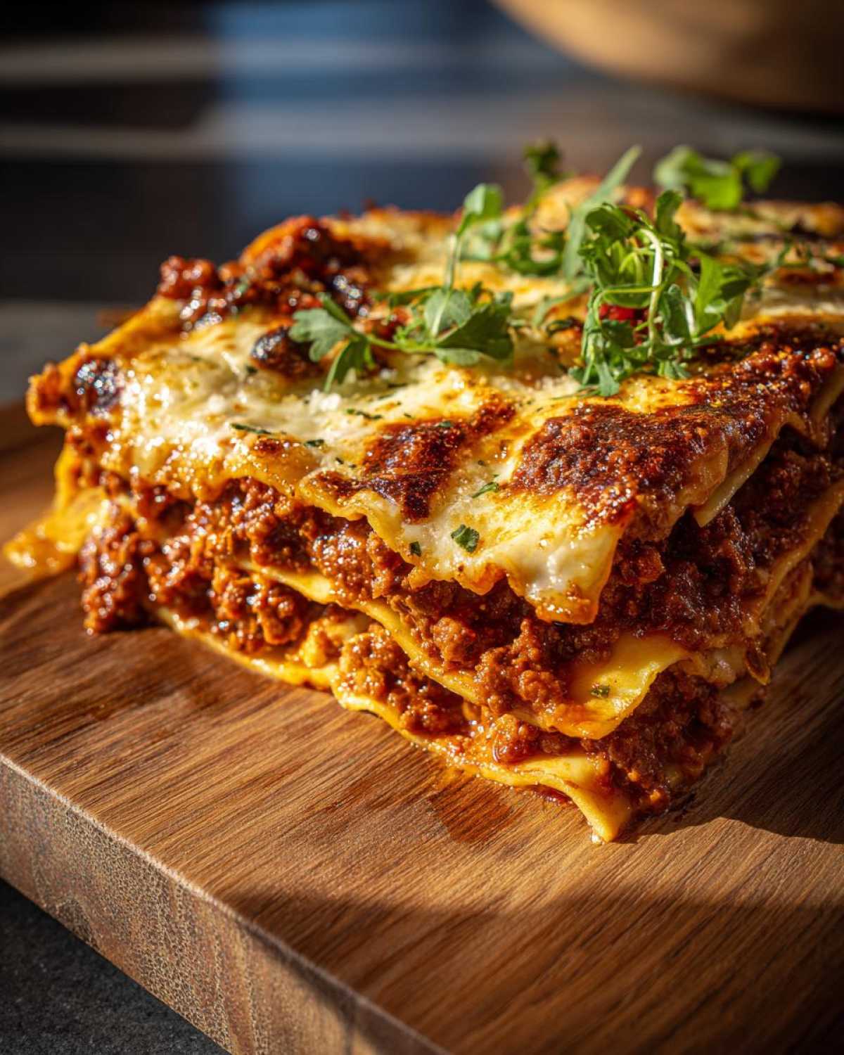 Fragment pysznej lasagne klasycznej z warstwami mięsa mielonego, sosu i sera, udekorowany ziołami.