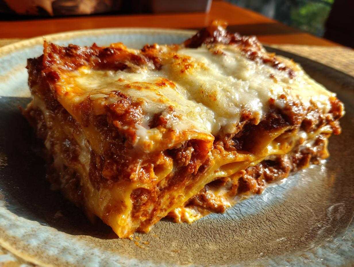 Kawałek klasycznej lasagne z warstwami makaronu, mięsa i sera, polany roztopionym serem.