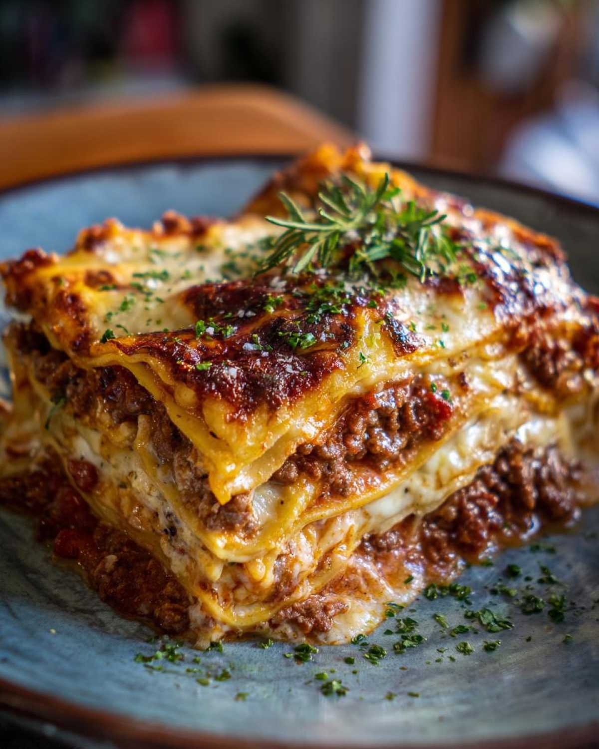 Kawałek klasycznej lasagne z mięsem mielonym, warstwami makaronu i serem, udekorowany rozmarynem.
