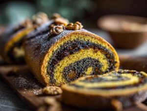 Zbliżenie na tradycyjny makowiec pokrojony w plastry, ozdobiony orzechami i posypany cukrem pudrem.