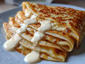 Stos naleśników z serem polanych kremowym sosem, idealne na deser.