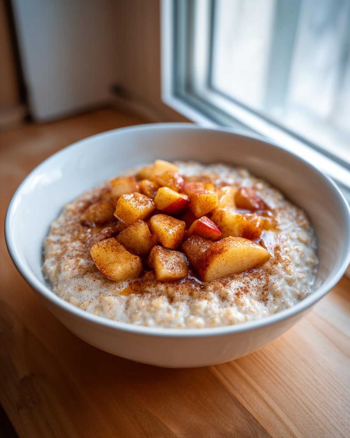 Zbliżenie na miskę owsianki z jabłkiem i cynamonem, posypanej dodatkowym cynamonem.