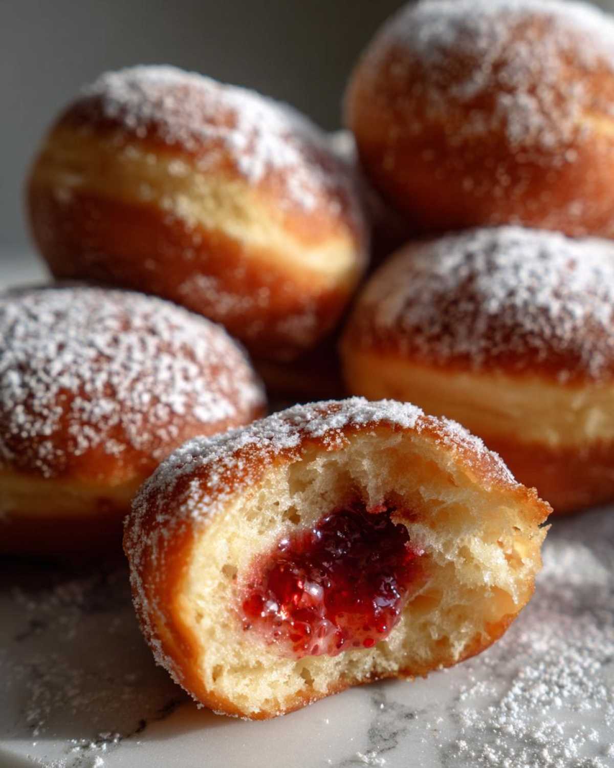 Zbliżenie na pączki domowe posypane cukrem pudrem, jeden pączek jest przegryziony, ukazując wnętrze z dżemem.