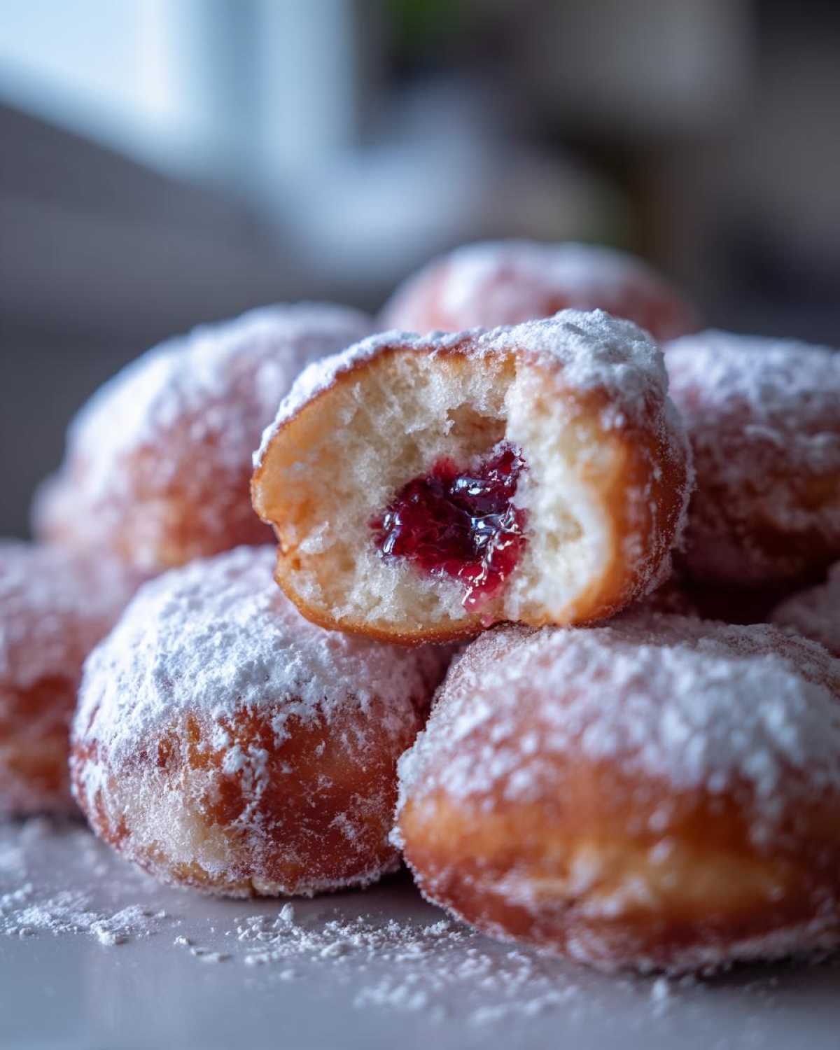 Zbliżenie na pączki domowe posypane cukrem pudrem, jeden pączek przekrojony ukazuje nadzienie z dżemu.