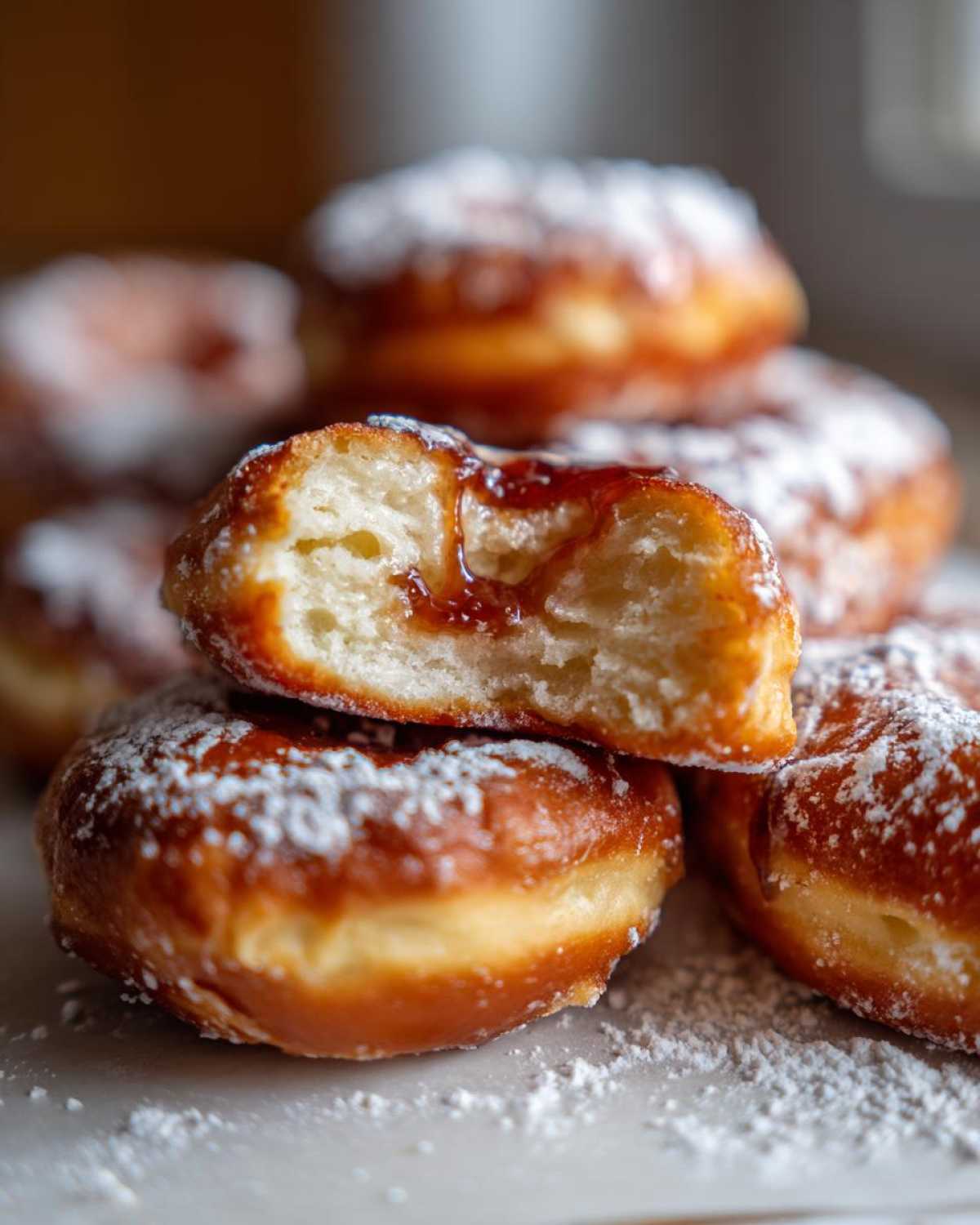 Zbliżenie na pączki domowe, jeden przekrojony pokazuje nadzienie z dżemu, posypane cukrem pudrem.