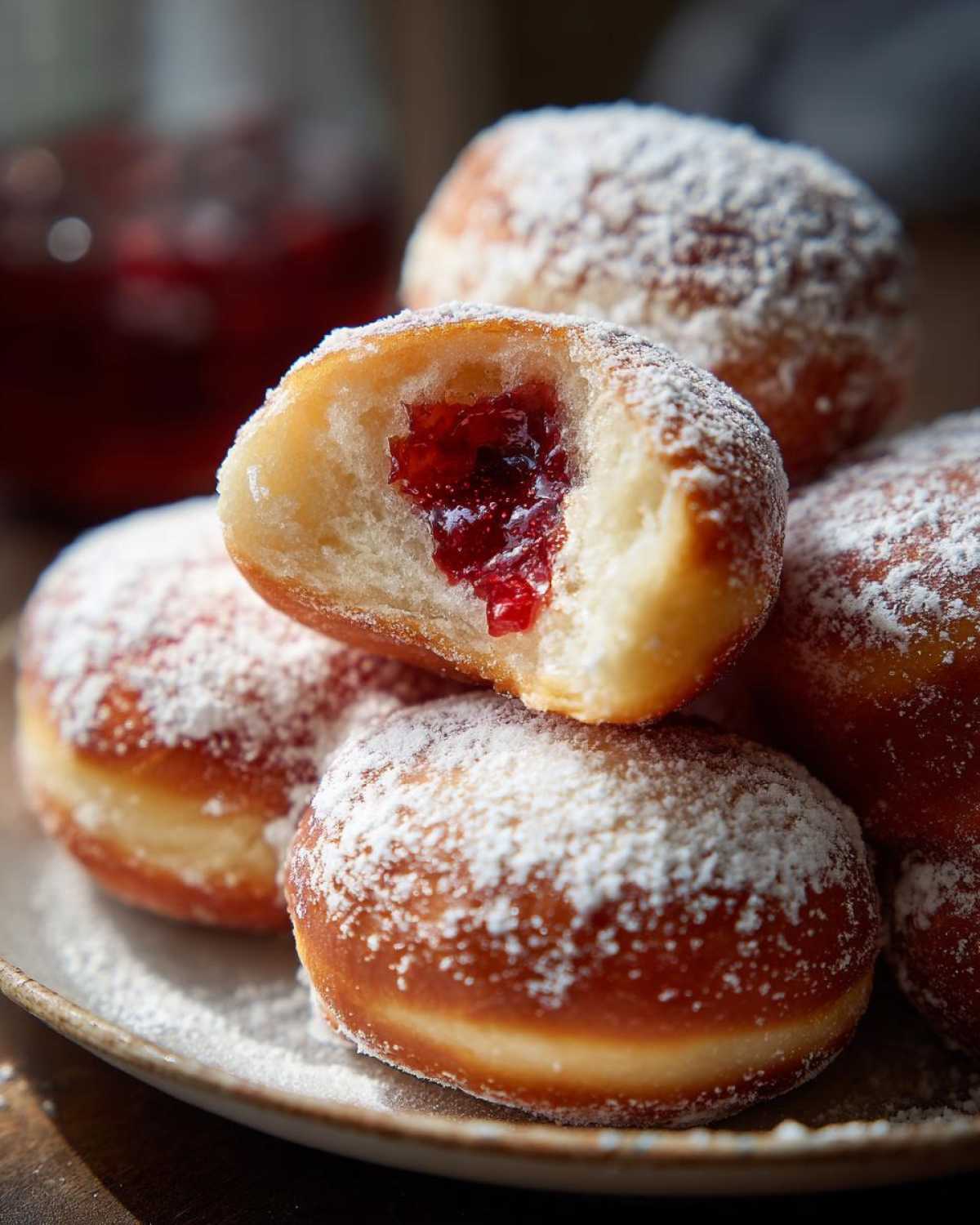 Zbliżenie na pączki domowe posypane cukrem pudrem, jeden pączek przełamany na pół ukazuje nadzienie z dżemu.