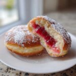 Pączki tradycyjne przekrojone na pół, ukazujące obfite nadzienie z dżemu malinowego i posypane cukrem pudrem.