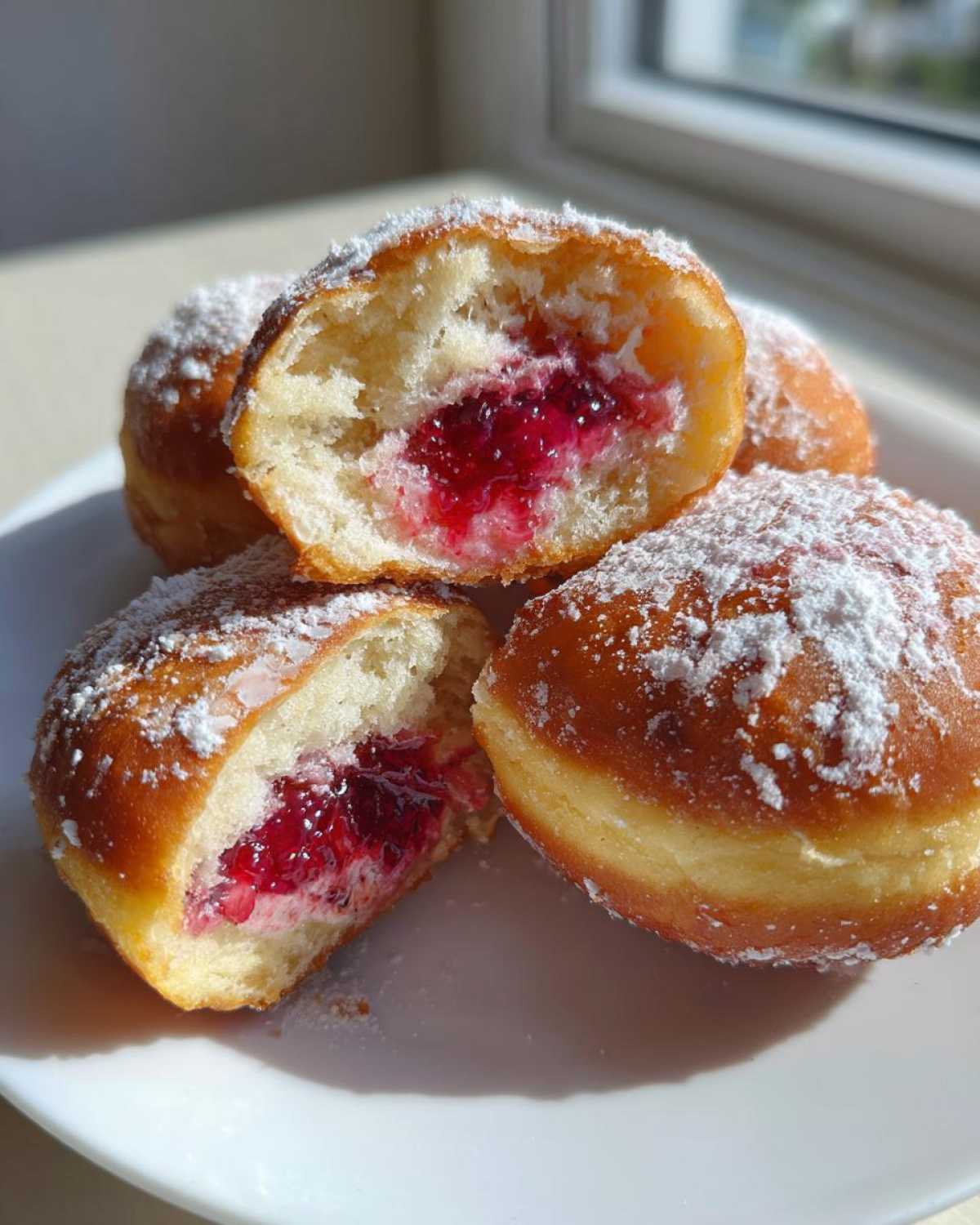 Zbliżenie na pączki tradycyjne przekrojone na pół, ukazujące obfite nadzienie z dżemu malinowego i posypkę z cukru pudru.