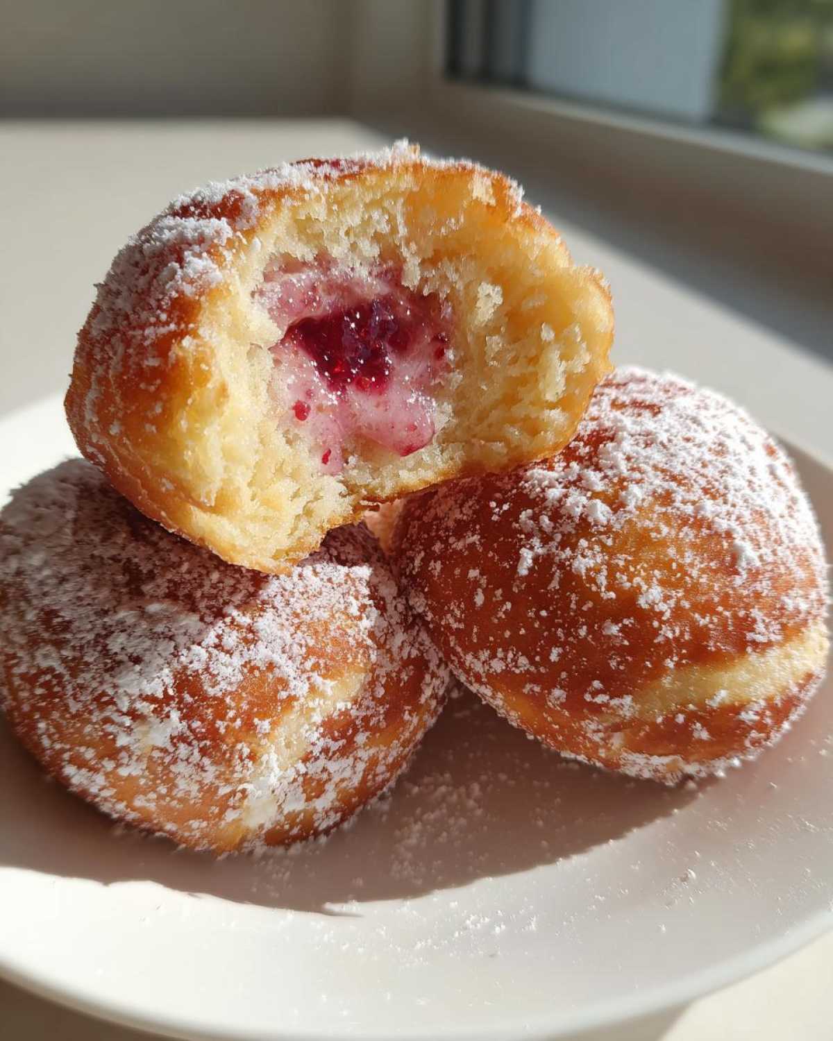 Zbliżenie na pączki tradycyjne posypane cukrem pudrem, jeden przekrojony ukazuje nadzienie z dżemu malinowego.