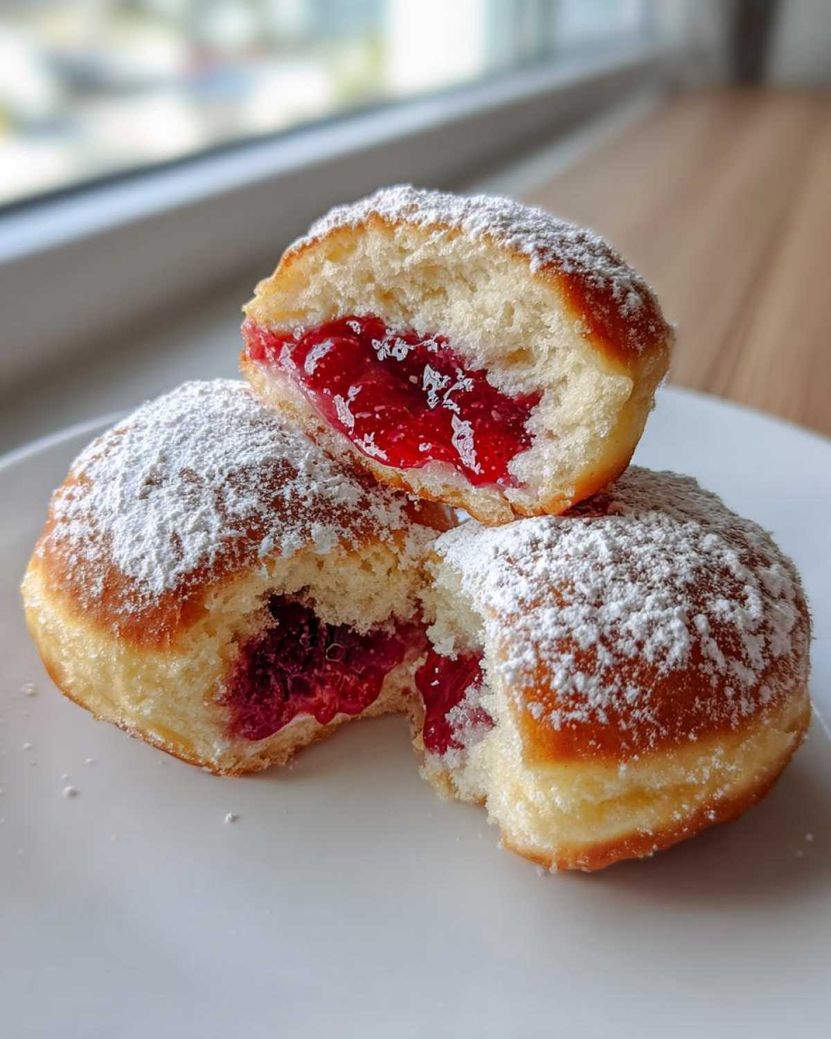 Zbliżenie na pączki tradycyjne posypane cukrem pudrem, z widocznym nadzieniem malinowym.