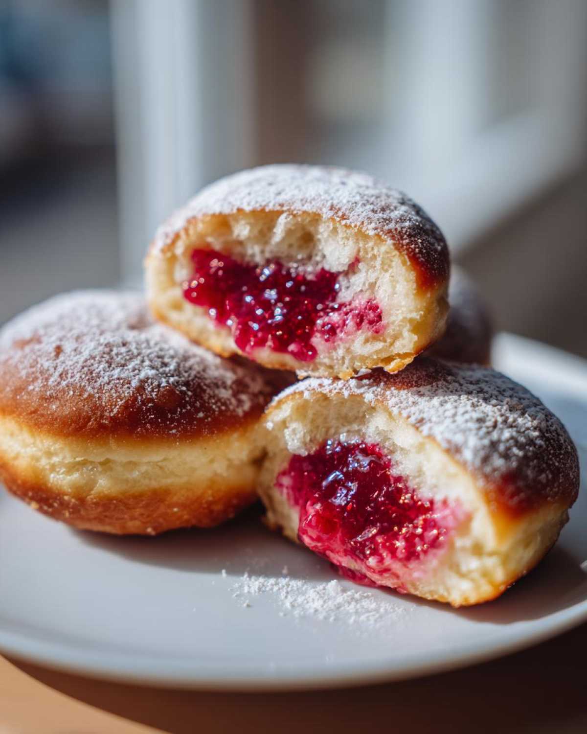 Zbliżenie na pączki tradycyjne posypane cukrem pudrem, jeden pączek przekrojony na pół ukazuje obfite nadzienie malinowe.