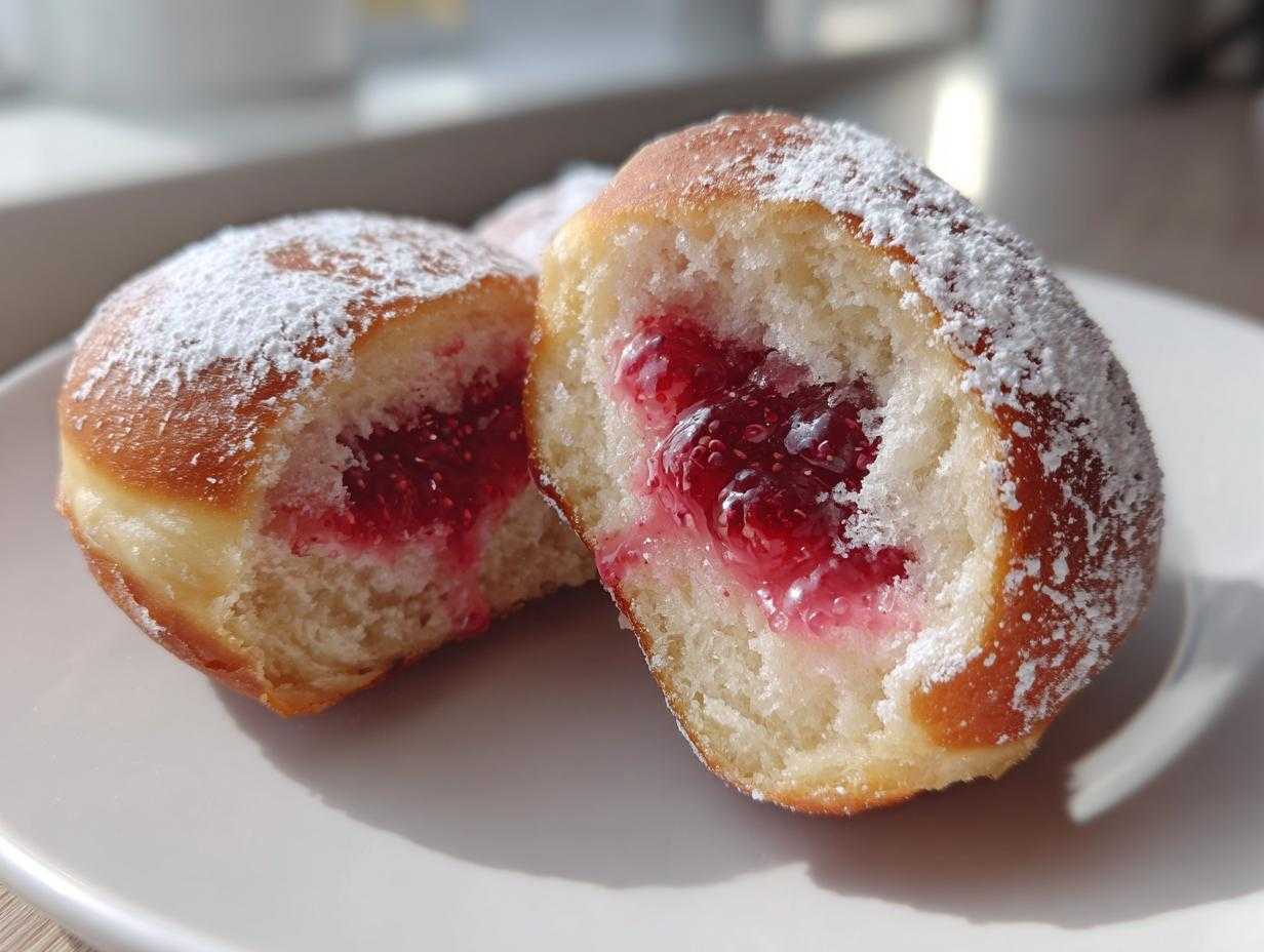 Pączki tradycyjne przekrojone na pół, ukazujące obfite nadzienie z dżemu malinowego, posypane cukrem pudrem.