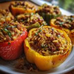 Zbliżenie na talerz z kolorową papryką faszerowaną mięsem i ryżem, posypaną natką pietruszki.