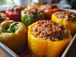 Zbliżenie na paprykę faszerowaną mięsem i ryżem, gotową do pieczenia w naczyniu.