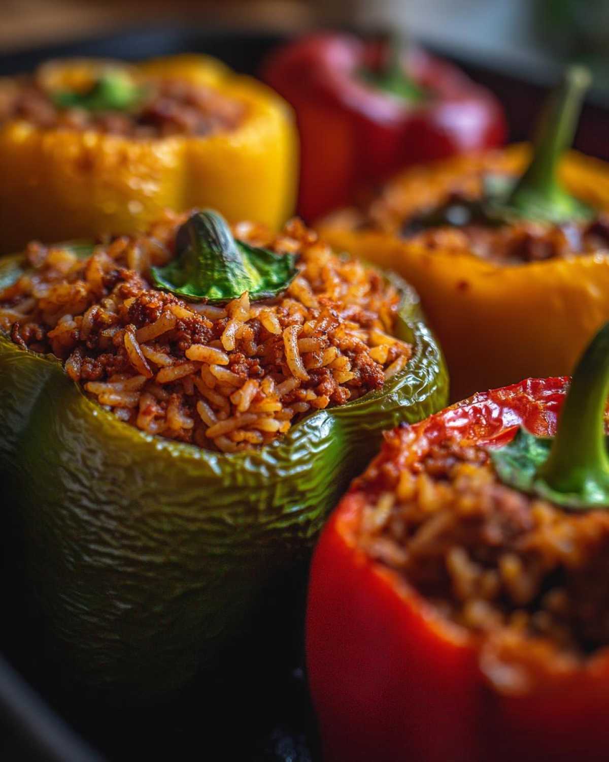Zbliżenie na paprykę faszerowaną mięsem i ryżem, widoczne zielone, żółte i czerwone papryki.