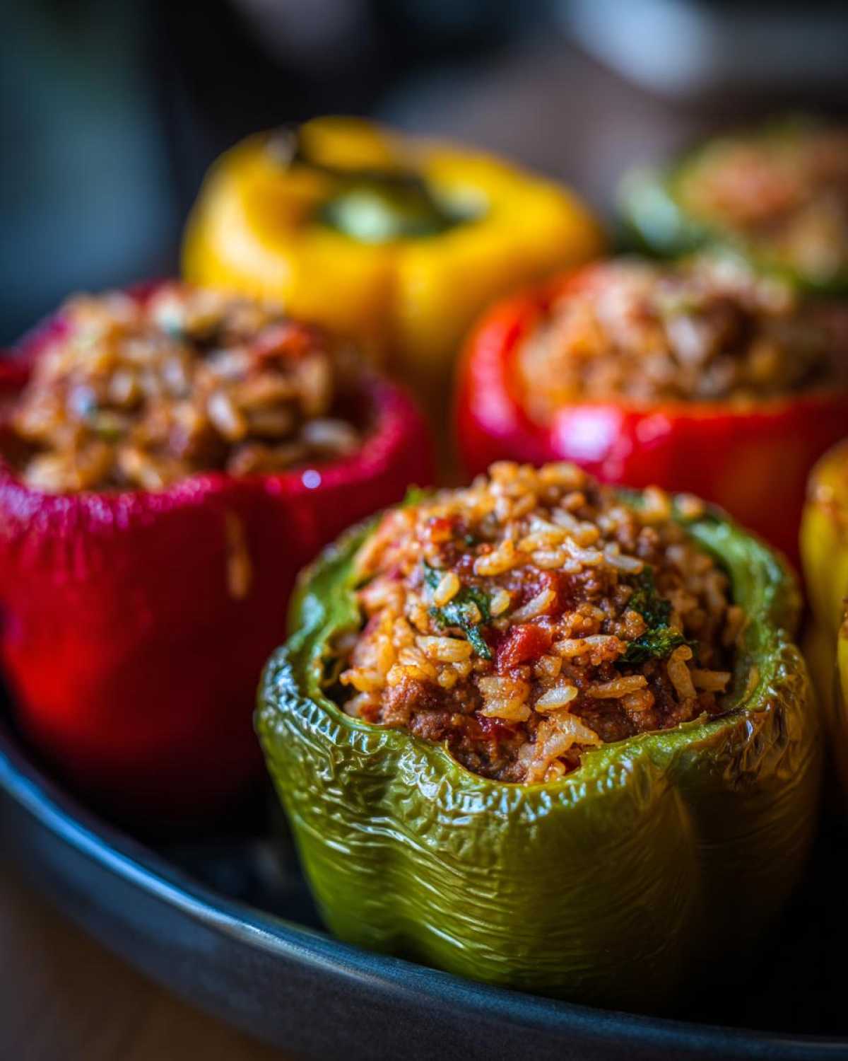 Zbliżenie na paprykę faszerowaną mięsem i ryżem, z widocznymi kawałkami pomidorów i ziół.