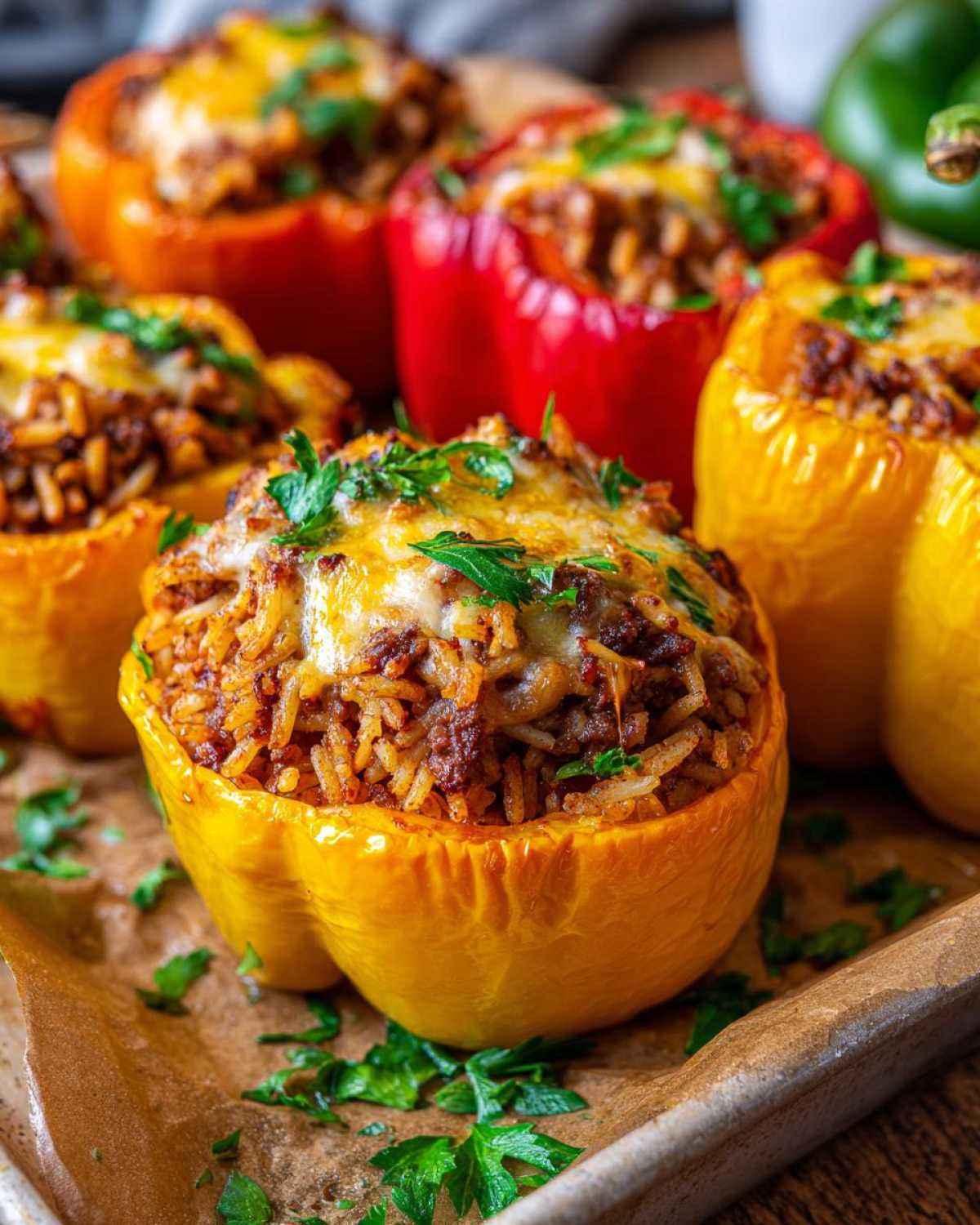 Zbliżenie na paprykę faszerowaną mięsem i ryżem, zapieczoną z serem i posypaną natką pietruszki.