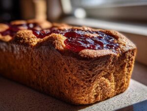 Zbliżenie na bochenek piernika staropolskiego z błyszczącym, czerwonym dżemem na wierzchu.