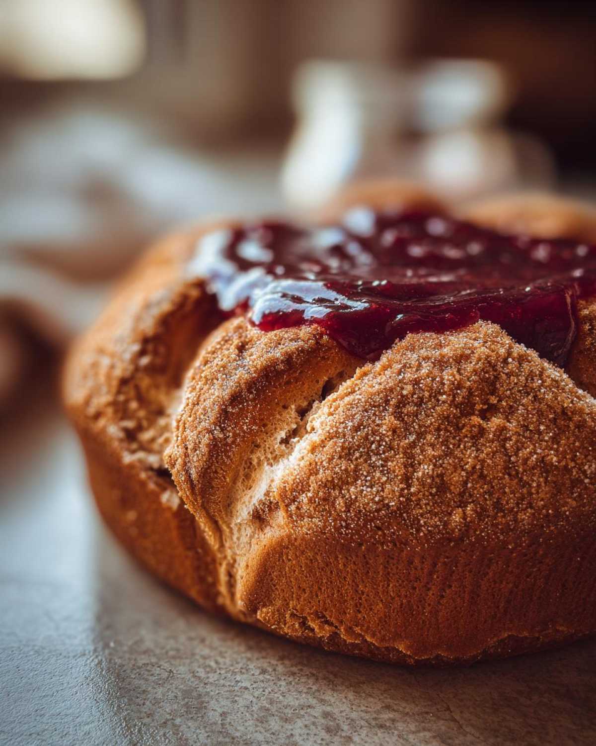 Zbliżenie na piernik staropolski posypany cukrem, z wierzchu pokryty błyszczącą konfiturą.