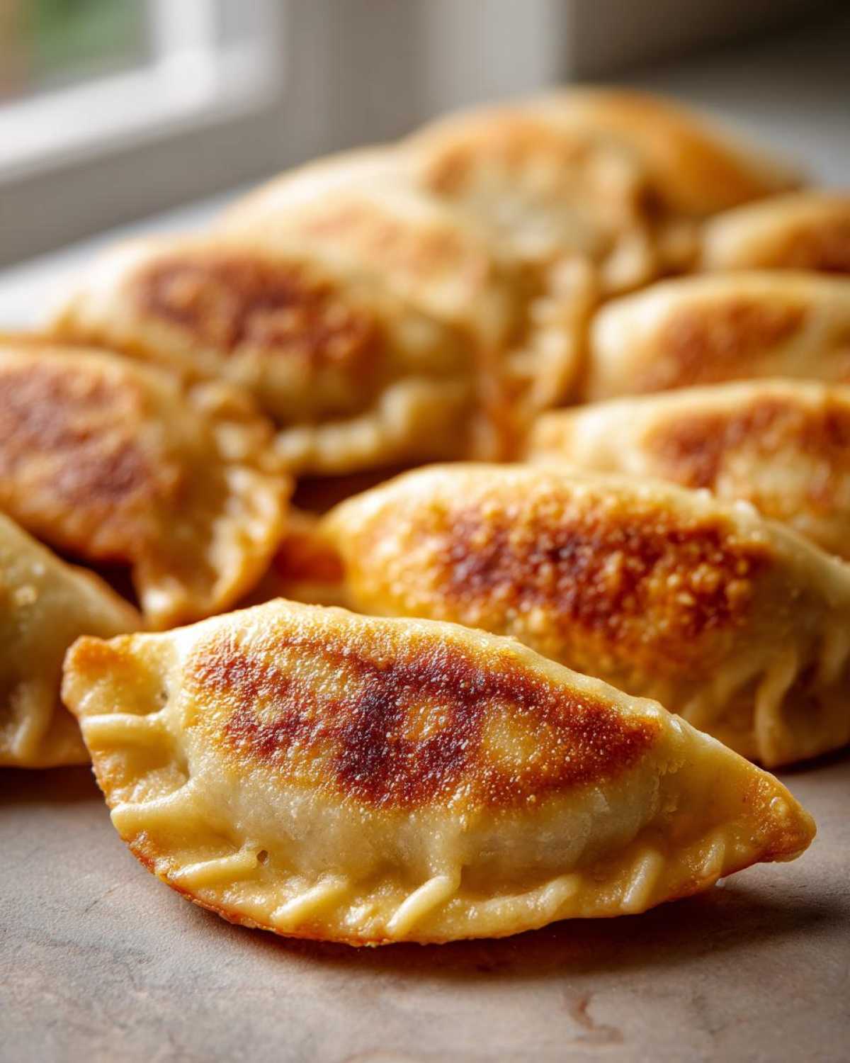 Zbliżenie na usmażone pierogi z kapustą i grzybami, złociste i apetyczne.