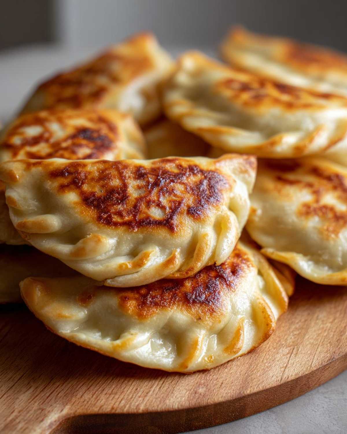 Zbliżenie na stos złocistych pierogów z kapustą i grzybami, ułożonych na drewnianej desce.