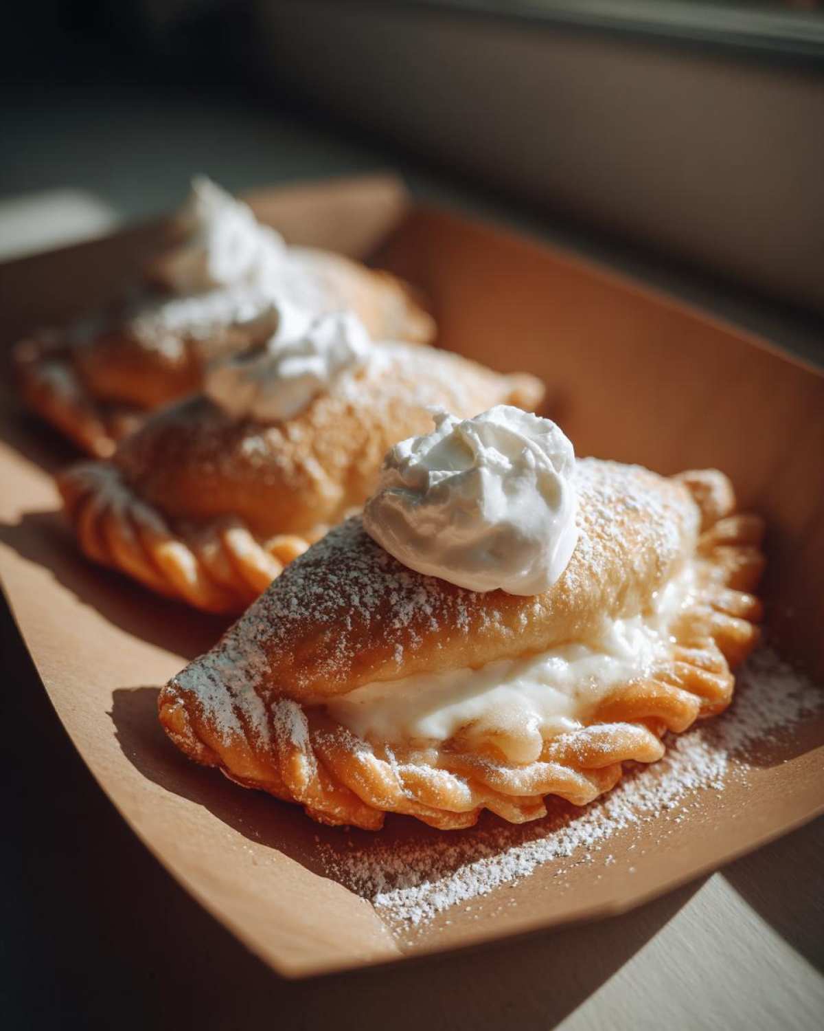 Zbliżenie na pierogi z serem na słodko, posypane cukrem pudrem i udekorowane bitą śmietaną.