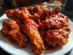 Zbliżenie na talerz pełen pikantnych skrzydełek z kurczaka w błyszczącym, czerwonym sosie.