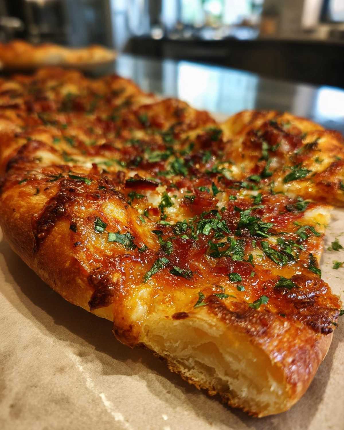 Zbliżenie na kawałek pizzy domowej z chrupiącym, złocistym spodem, posypanej serem i ziołami.