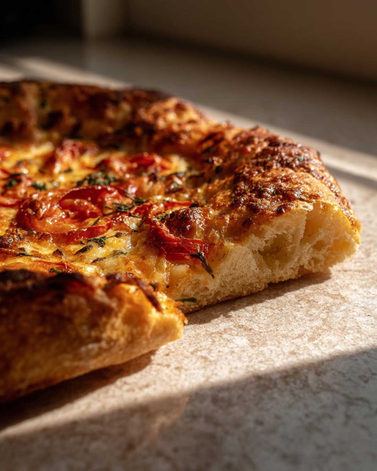 Zbliżenie na kawałek idealnej pizzy domowej z pomidorami i ziołami, widoczny puszysty spód.