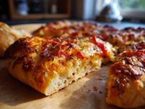 Zbliżenie na kawałek domowej pizzy z ciągnącym się serem i ziołami, idealny spód.