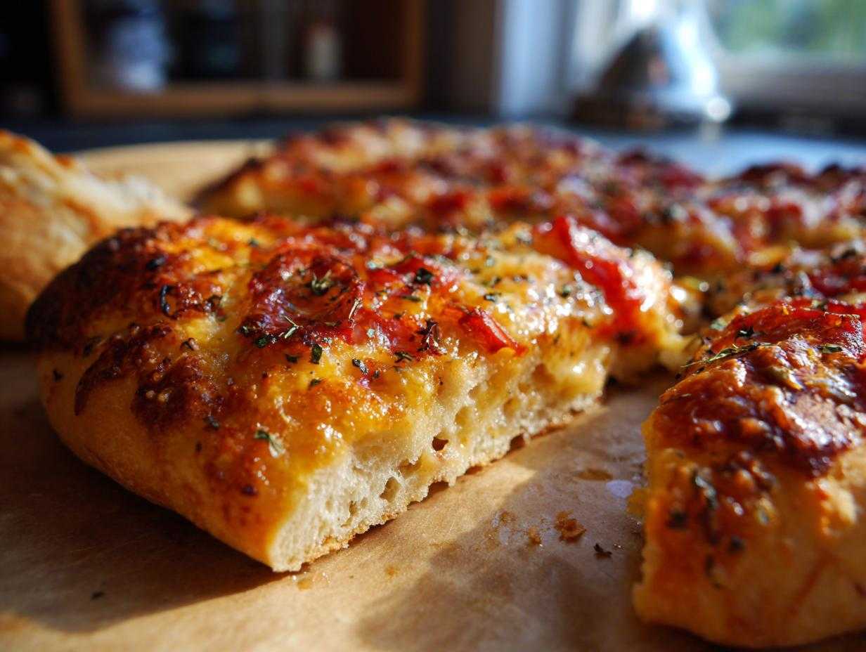 Zbliżenie na kawałek domowej pizzy z ciągnącym się serem i ziołami, idealny spód.