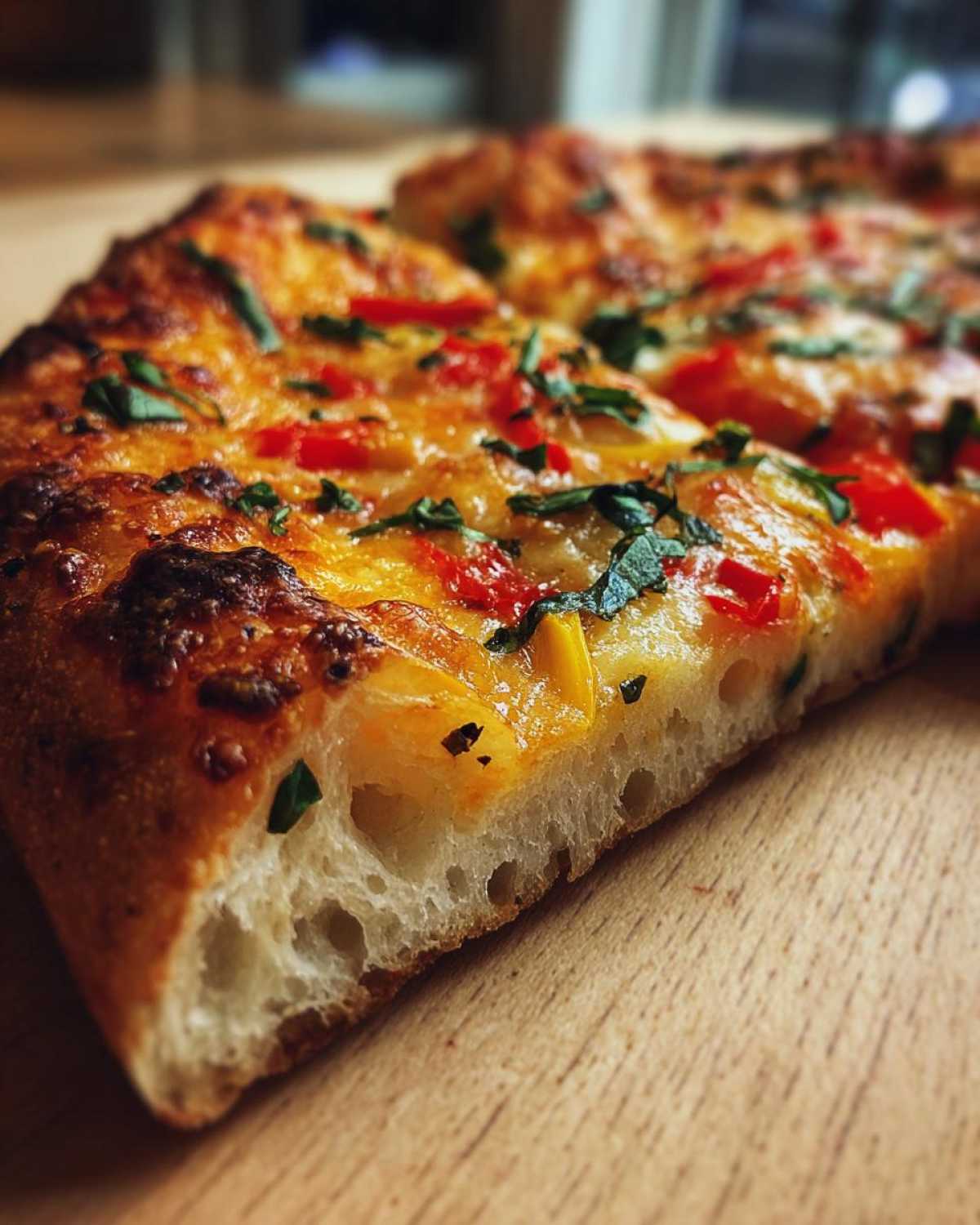 Kawałek pysznej pizzy domowej z widocznym puszystym spodem, serem i papryką.