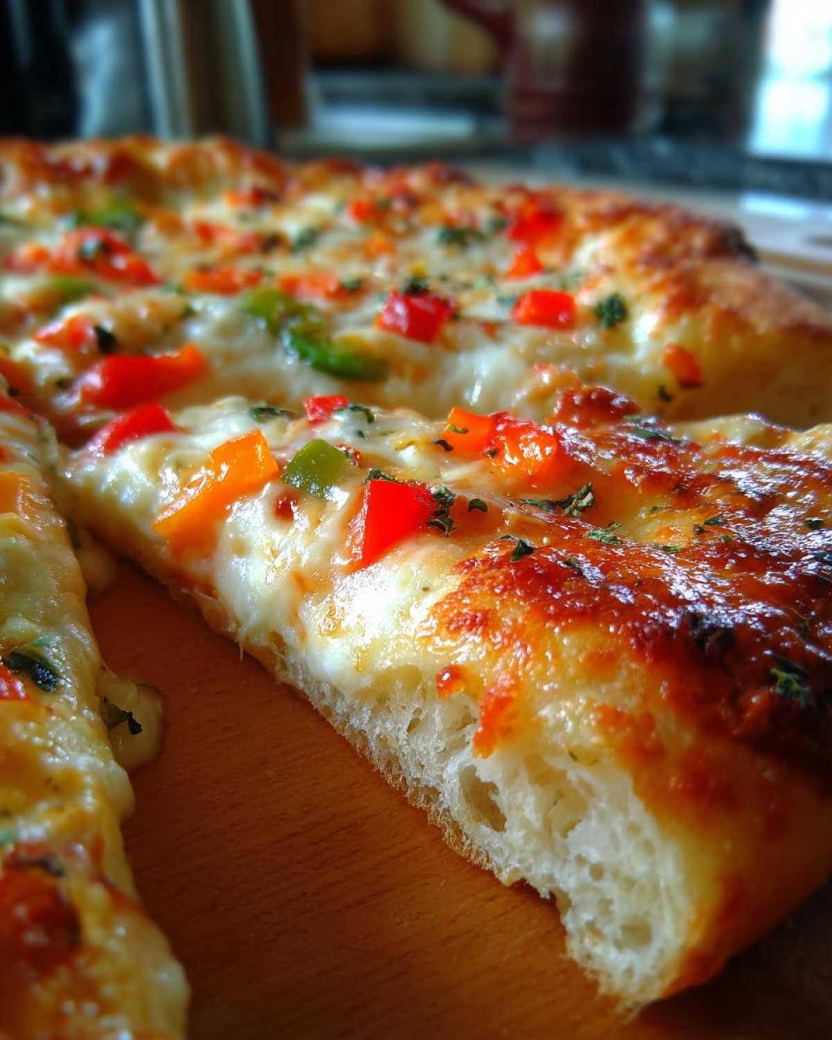 Kawałek domowej pizzy z roztopionym serem, kolorową papryką i ziołami na drewnianej desce.