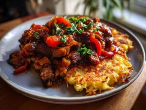 Talerz z plackiem po węgiersku, polanym gulaszem z wołowiny, papryką i cebulą, posypany natką pietruszki.