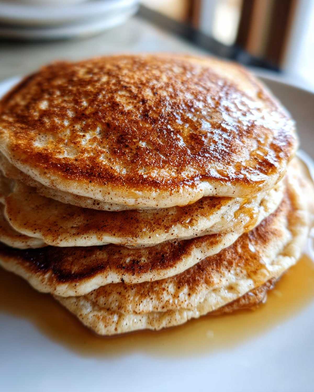 Stos puszystych placków bananowych polanych syropem, posypanych cynamonem.